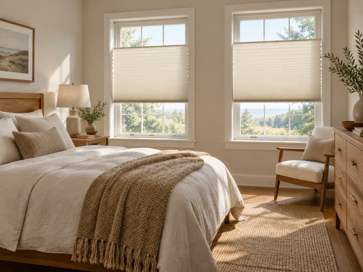 Cellular honeycomb shades half lowered in a calm bedroom