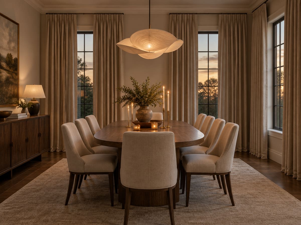 Full length pinch pleat drapery framing tall dining room windows