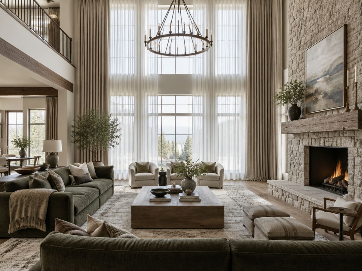 Sheer curtains layered behind heavier drapery panels in a double height great room
