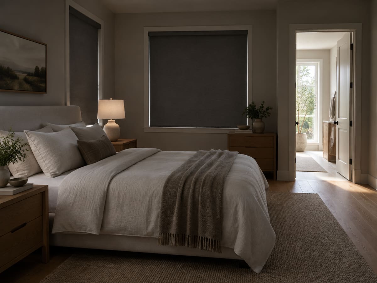 Blackout roller shades fully lowered in a dim primary bedroom