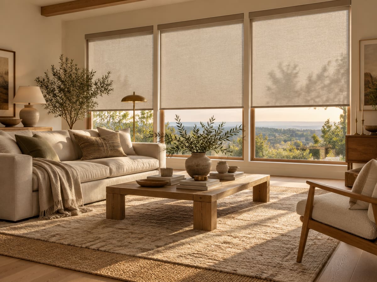 Motorized roller shades lowered in a furnished living room