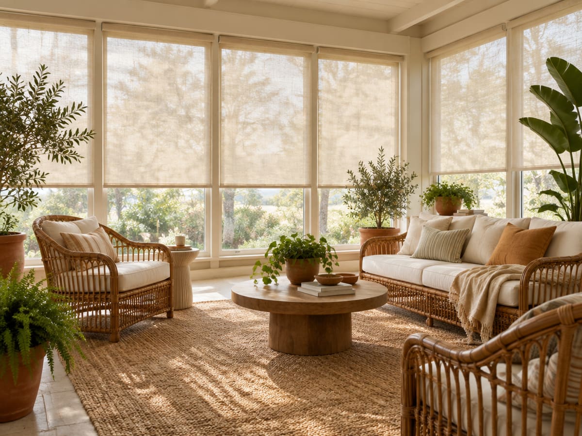 Light filtering roller shades glowing softly across a sunroom window wall