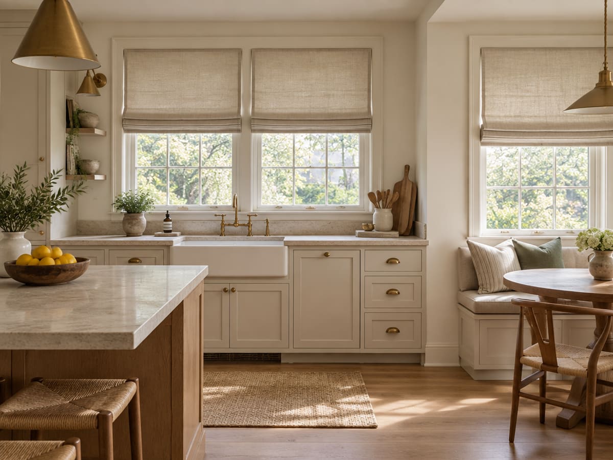 Tailored Roman shades mounted inside kitchen window reveals
