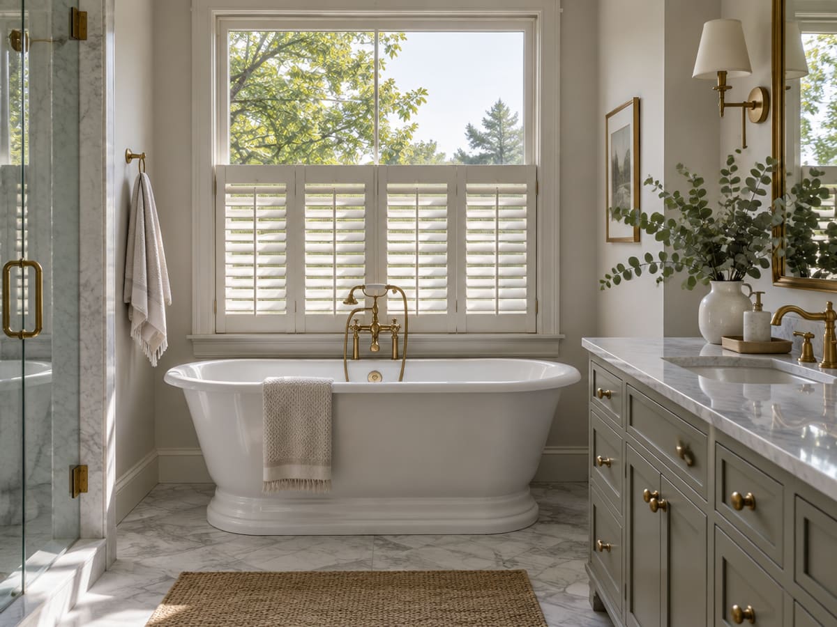 Cafe style shutters covering the lower half of a bathroom window