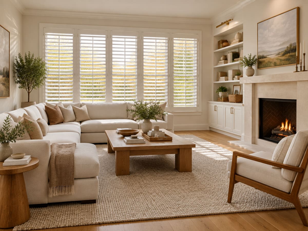 White plantation shutters across a wide bank of family room windows
