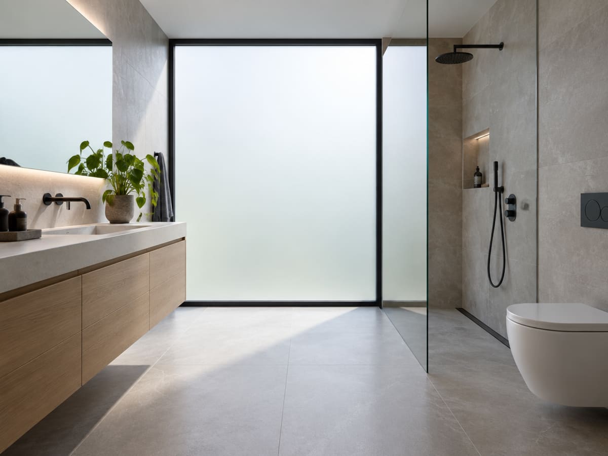 An ensuite window switched to its opaque private state by smart film