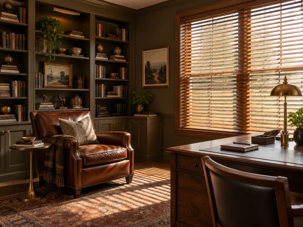 Real wood blinds throwing bands of light across a home study