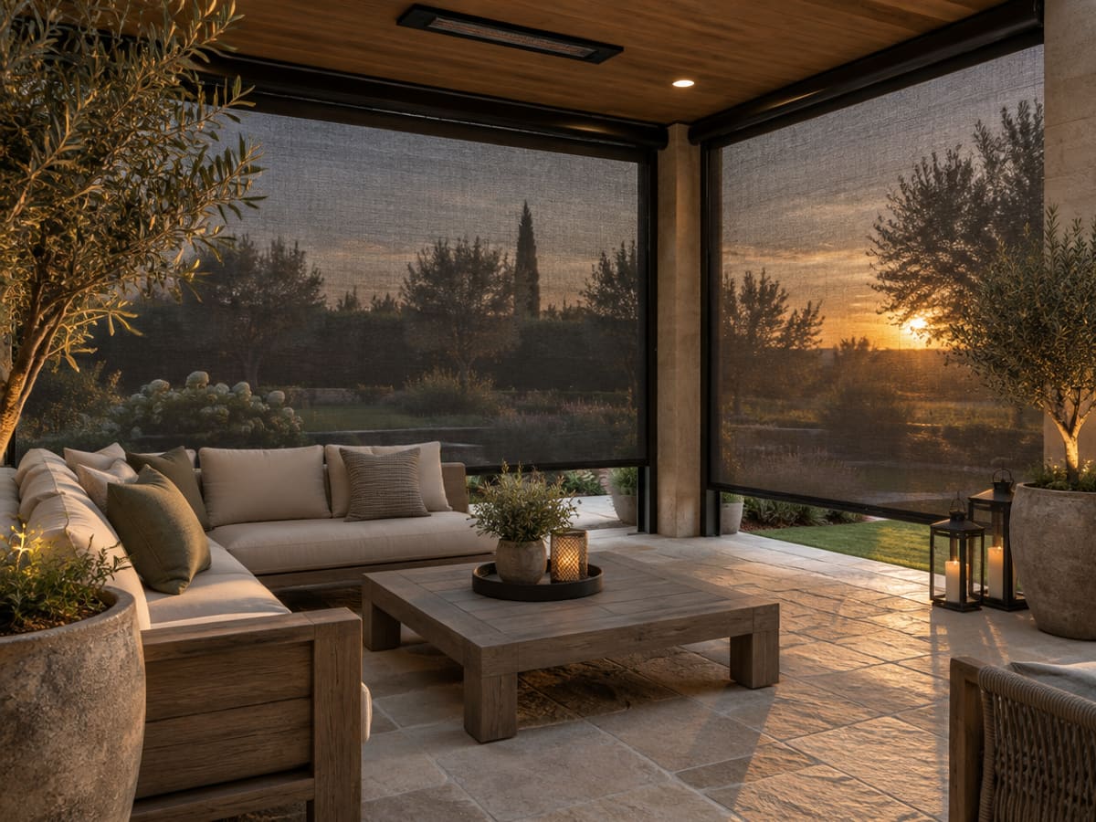 Motorized outdoor zip screens lowered across a covered patio at golden hour
