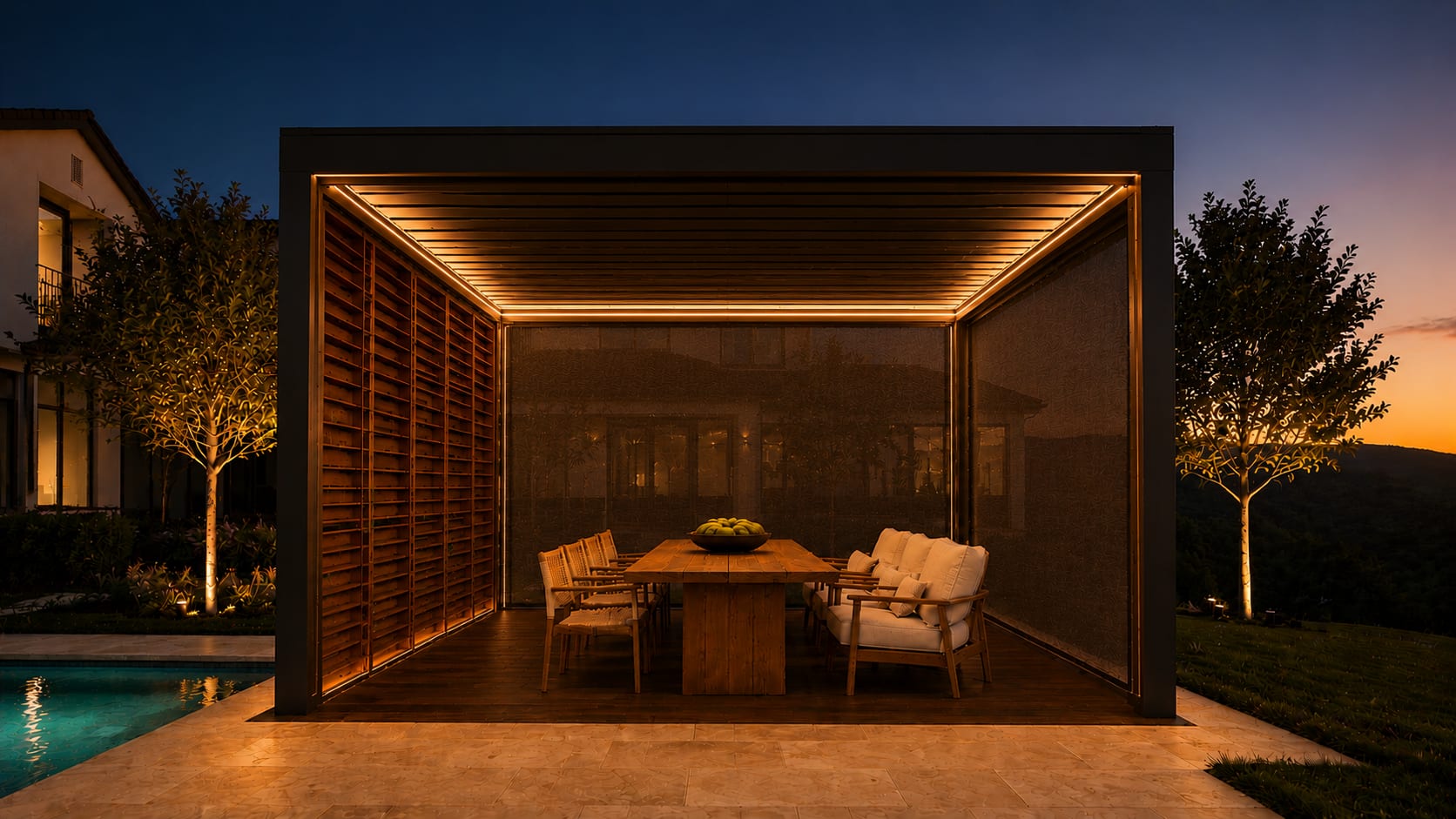A covered outdoor space enclosed by motorized zip screens