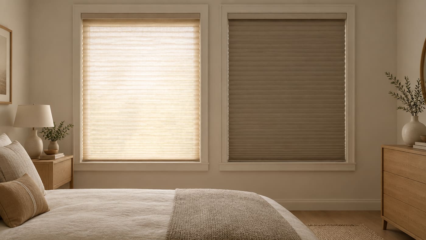 A light filtering cellular shade beside a blackout lined one