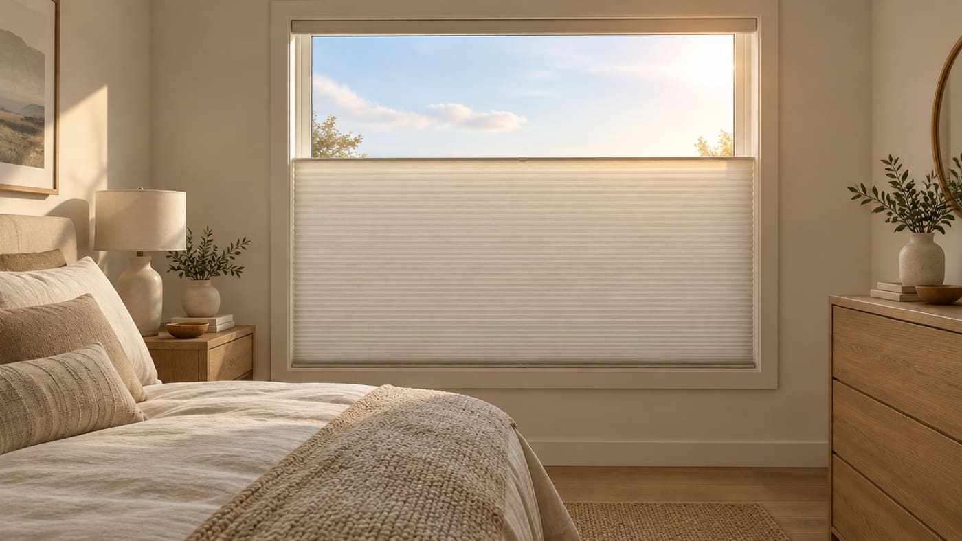 A cellular shade lowered from the top of the window