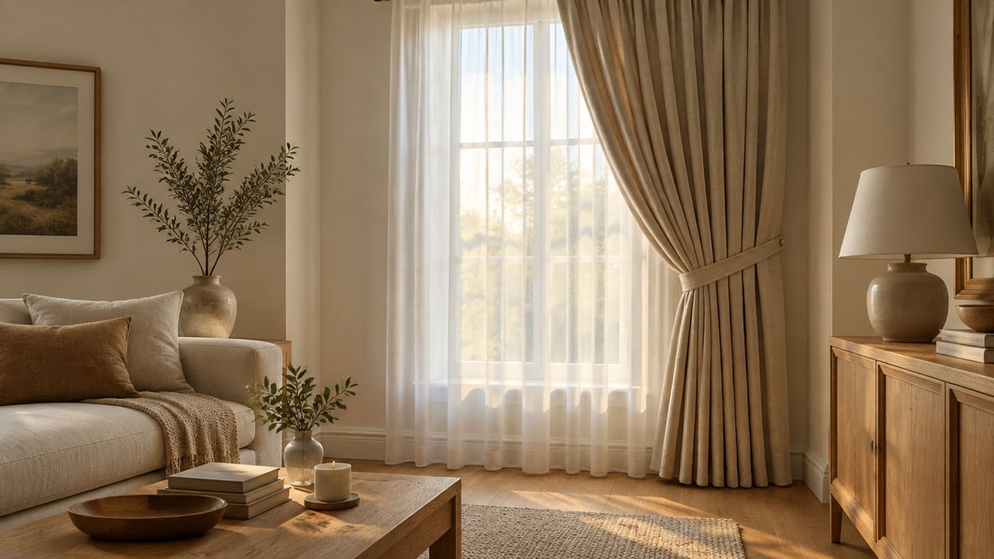 A sheer curtain layered behind a heavier drapery panel