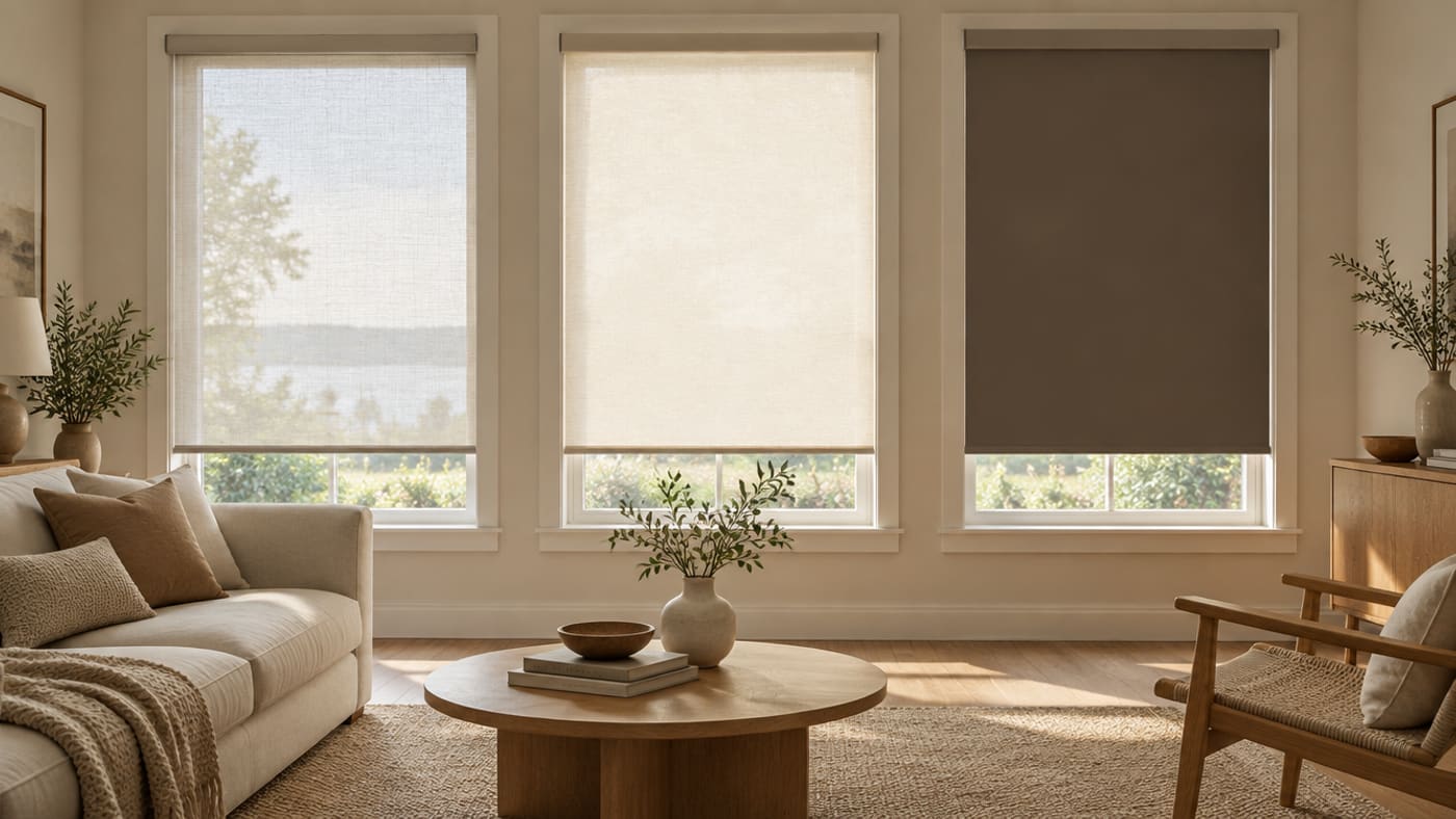 Three roller shades: a sheer solar weave, a light-filtering fabric and a blackout