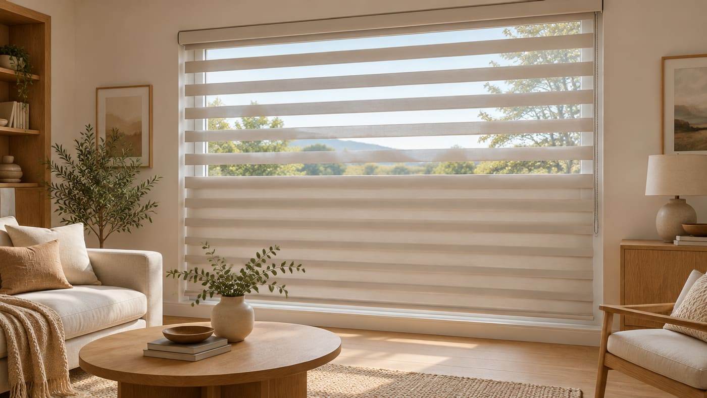 A zebra shade with its sheer and opaque bands part aligned and part offset