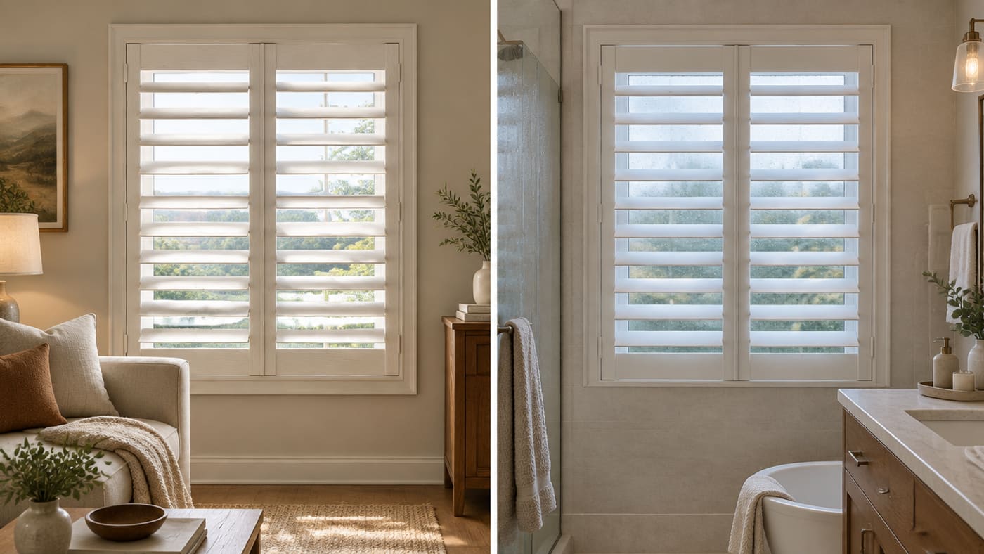Basswood shutters in a living room beside composite shutters in a bathroom