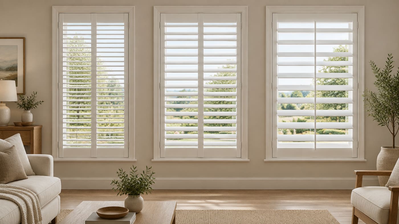 Three windows with 2.5, 3.5 and 4.5 inch shutter louvers