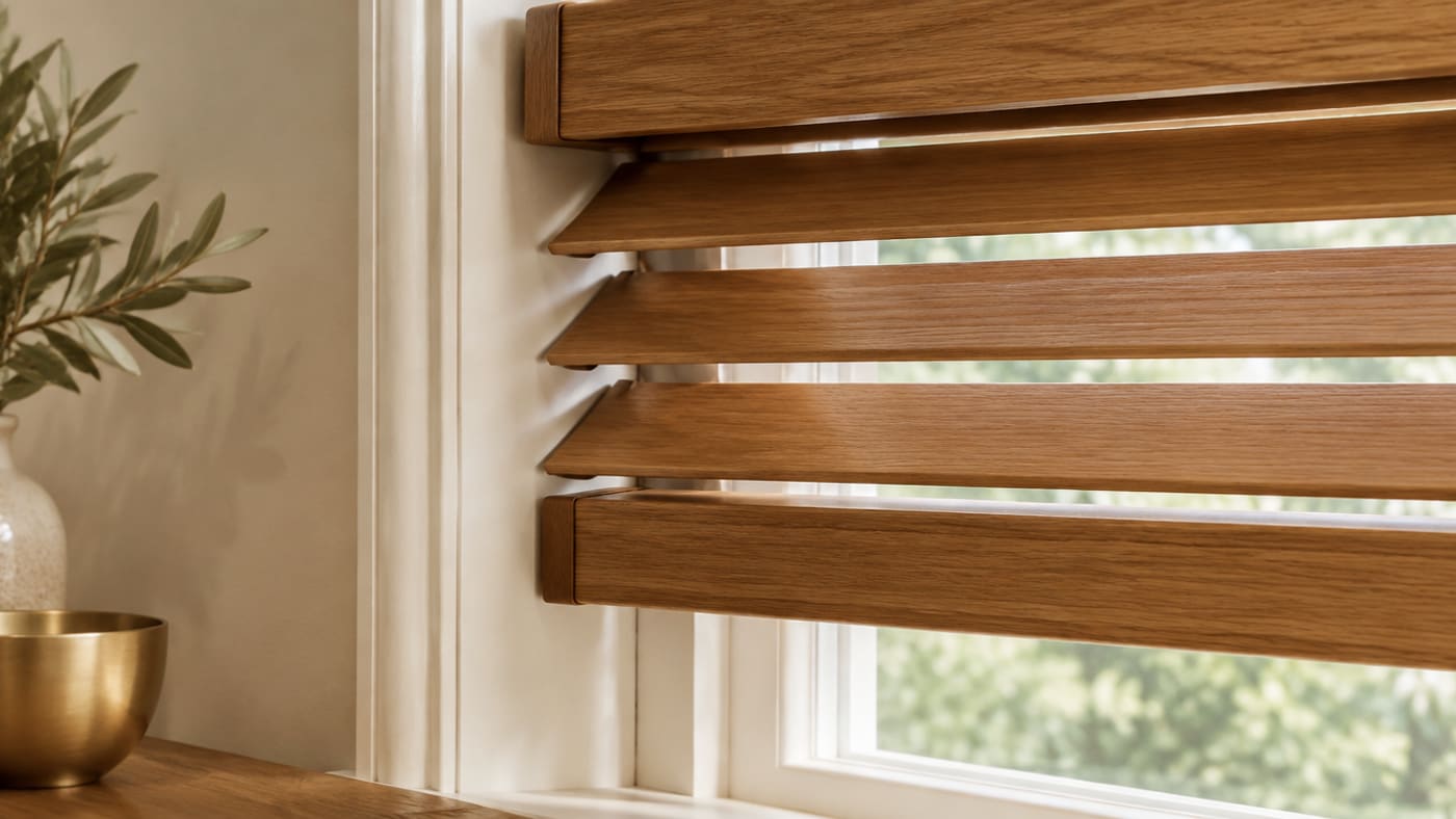 A cordless wood blind with no hanging cord or chain
