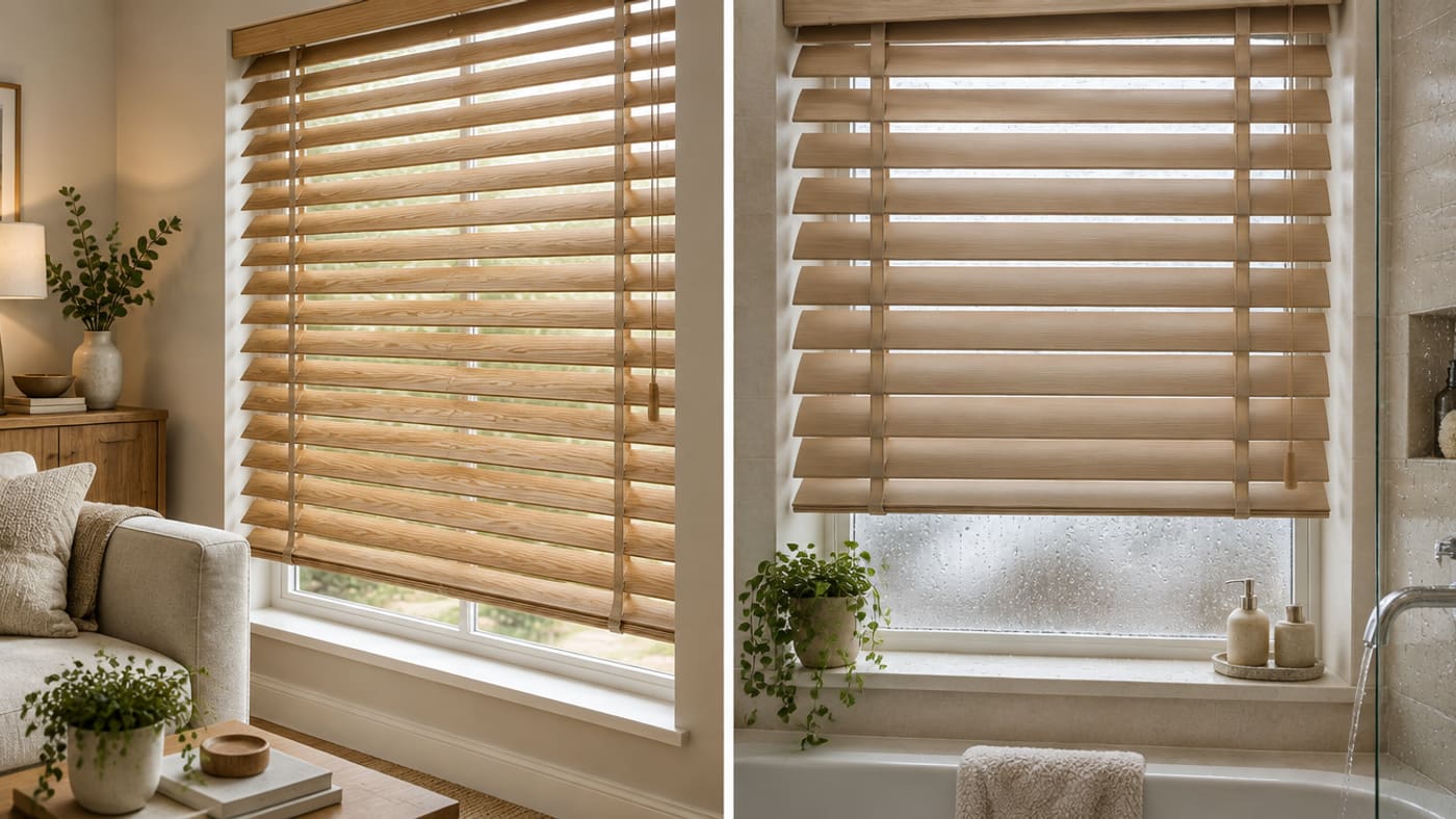 Real wood blinds in a living room beside faux wood blinds in a bathroom