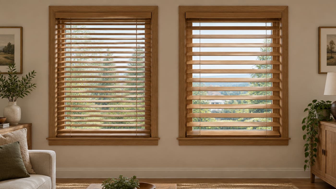 Two inch and two and a half inch wood blind slats side by side