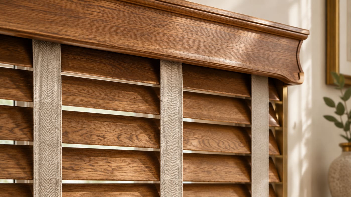 A shaped wooden valance and woven cloth tapes on a wood blind