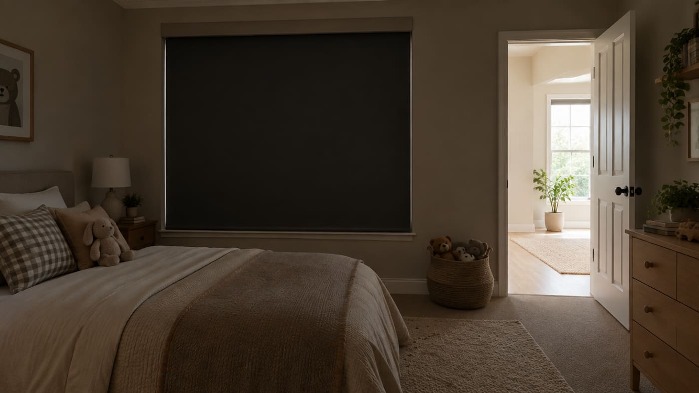 A blackout shade in sealed side channels, light visible beyond the doorway