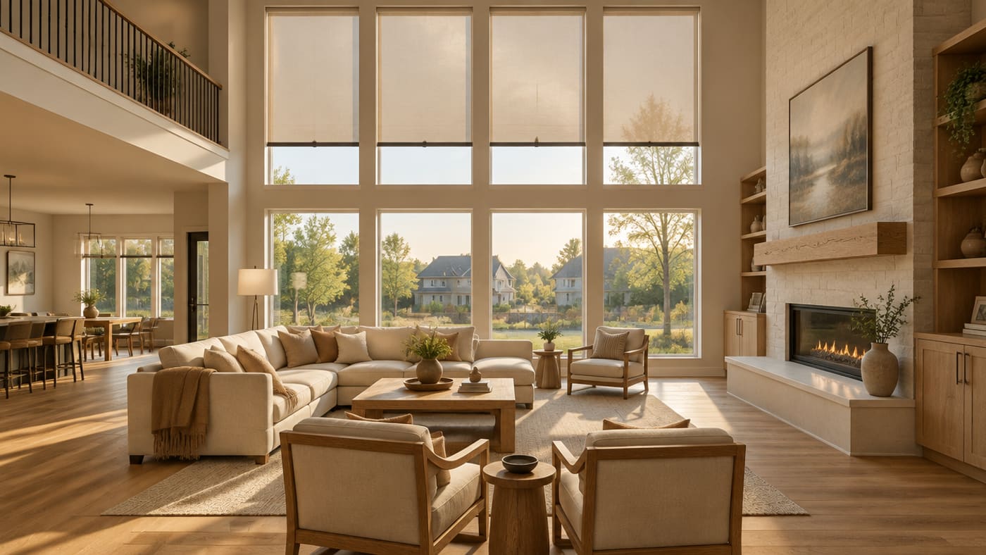 A tall glazed rear elevation with motorized shades on the clerestory above the sliders