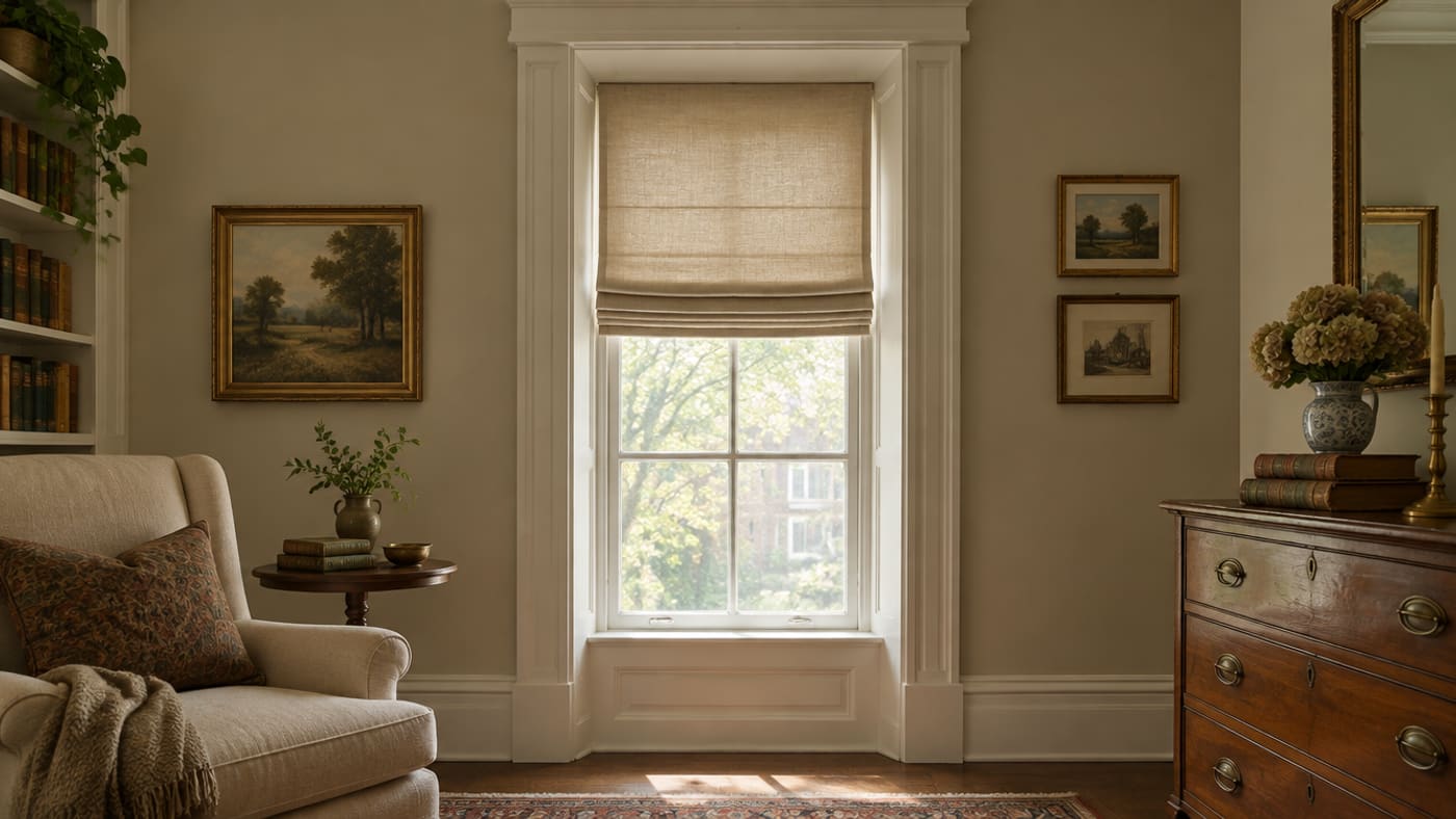 An inside-mounted shade sitting within the reveal of an older window with original trim