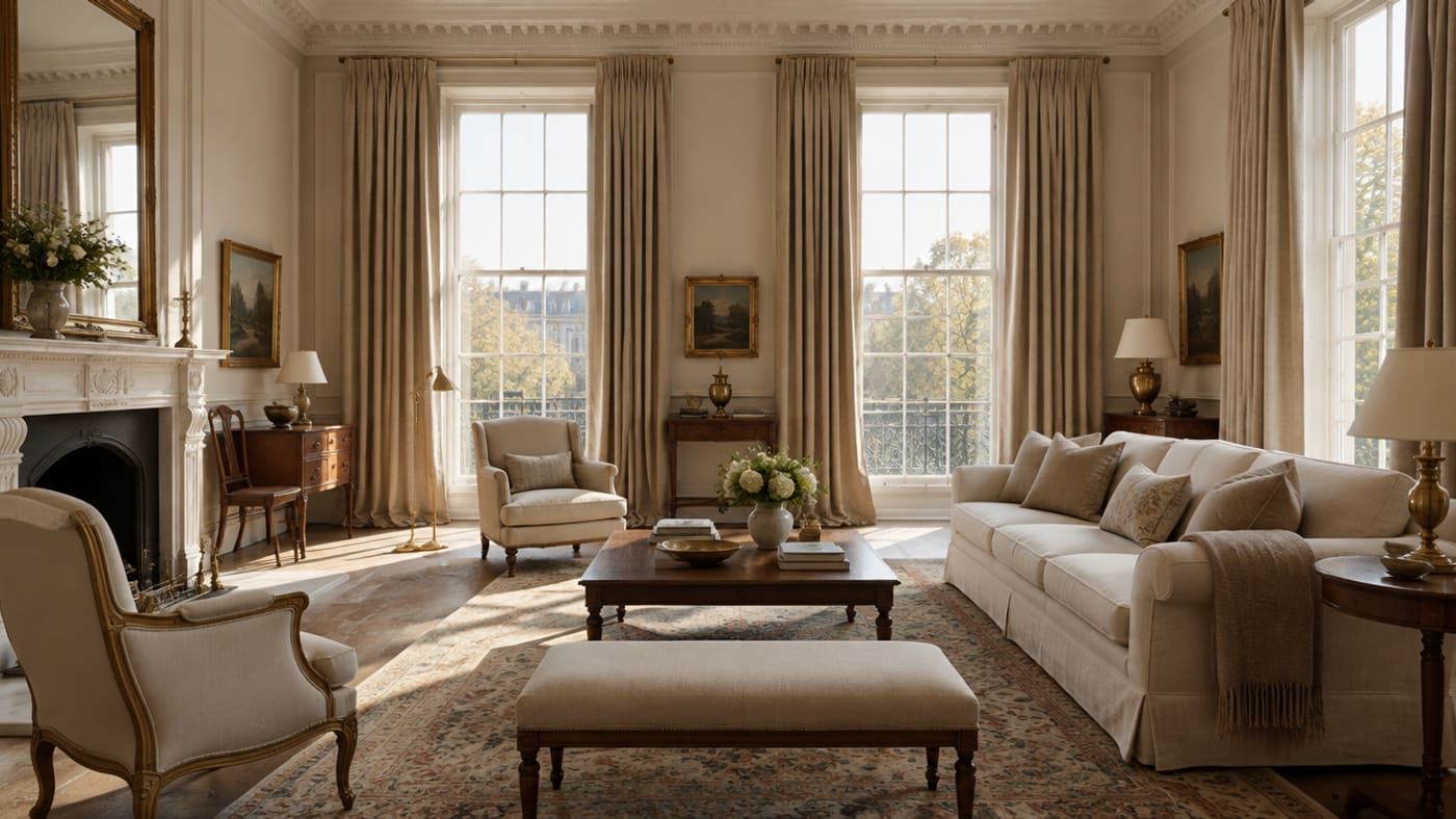 Custom drapery in a defined living room
