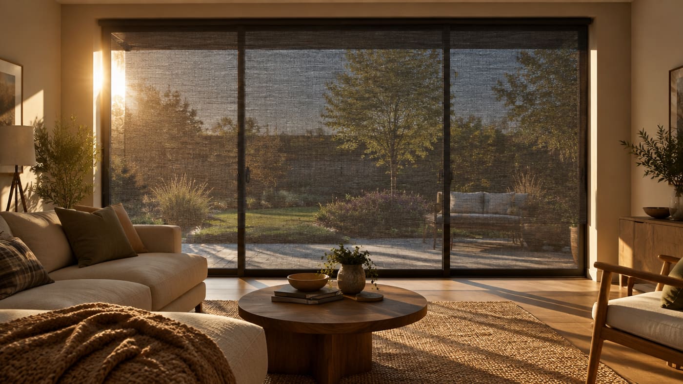 A solar screen cutting afternoon sun on a rear elevation